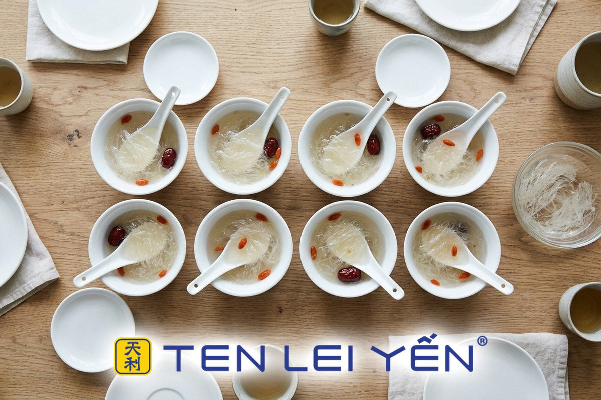 Eight bowls of double-boiled bird's nest set for a family gathering