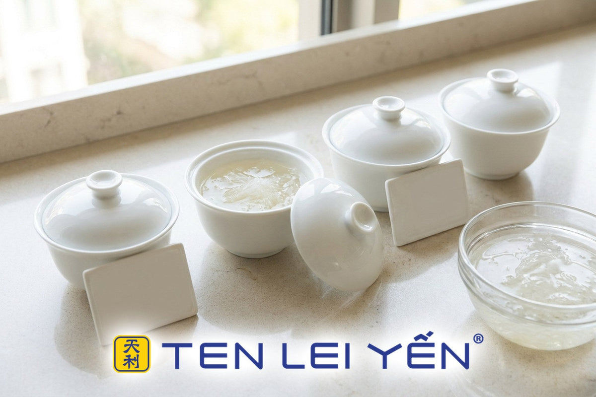 Several covered white porcelain bowls of cooked bird's nest prepared in a batch