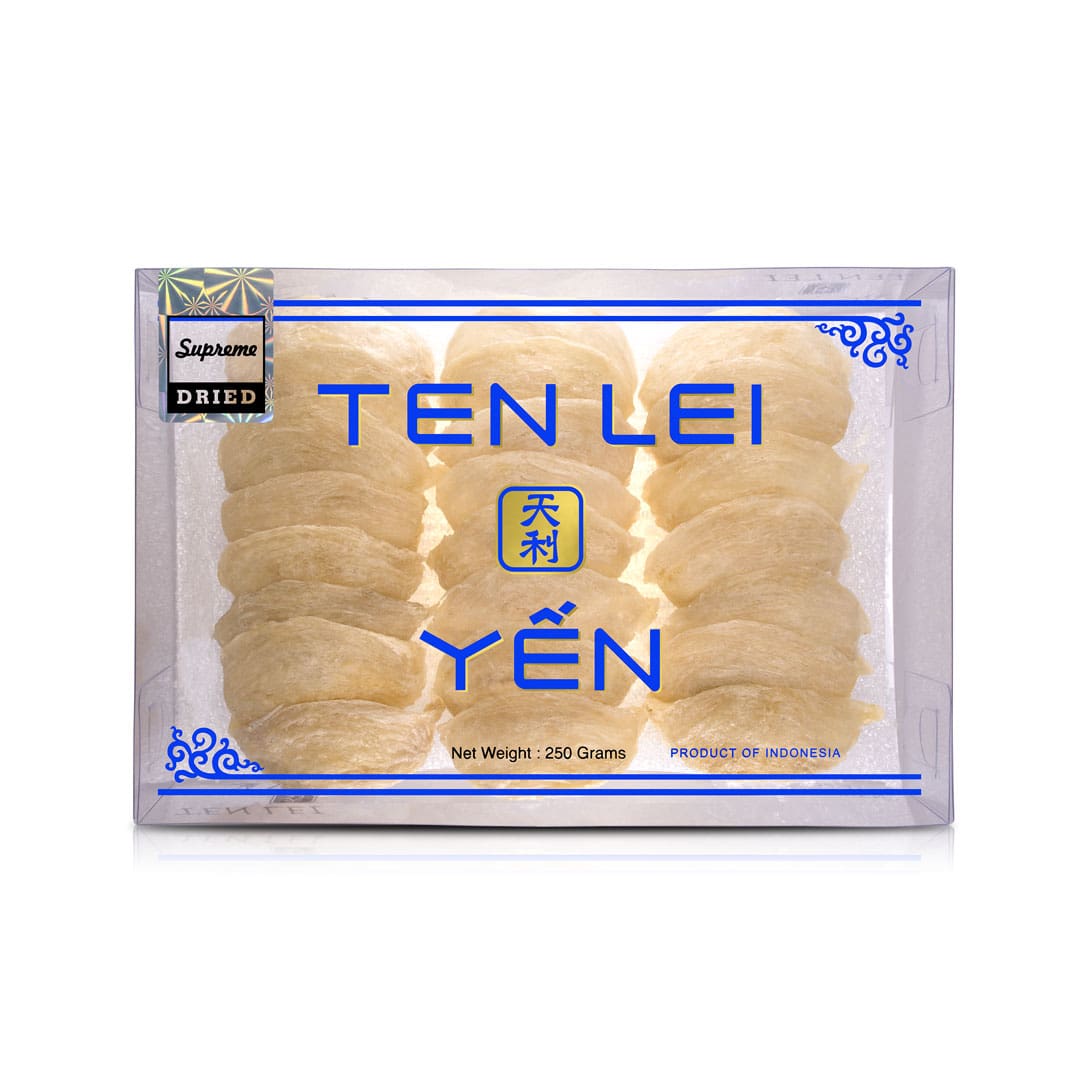 Ten Lei Yen 250g white edible bird's nest in its clear vacuum-sealed food-grade pack, showing whole nest pieces through the plastic