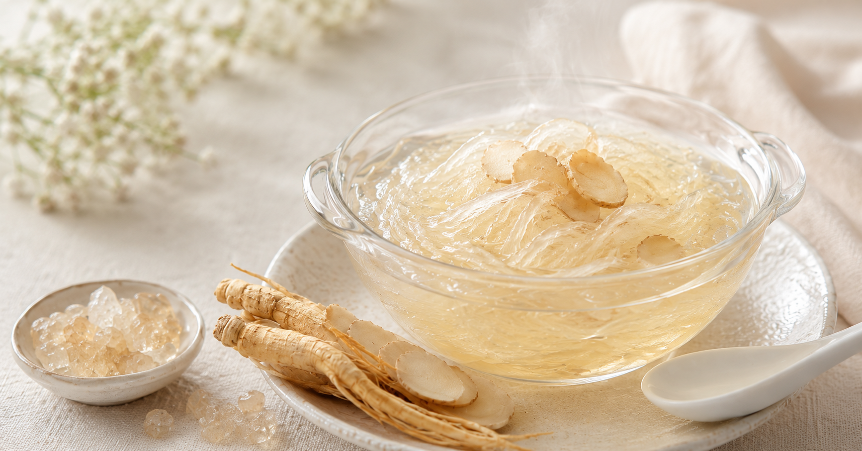 Double-boiled edible bird's nest with ginseng slices and rock sugar in a clear bowl