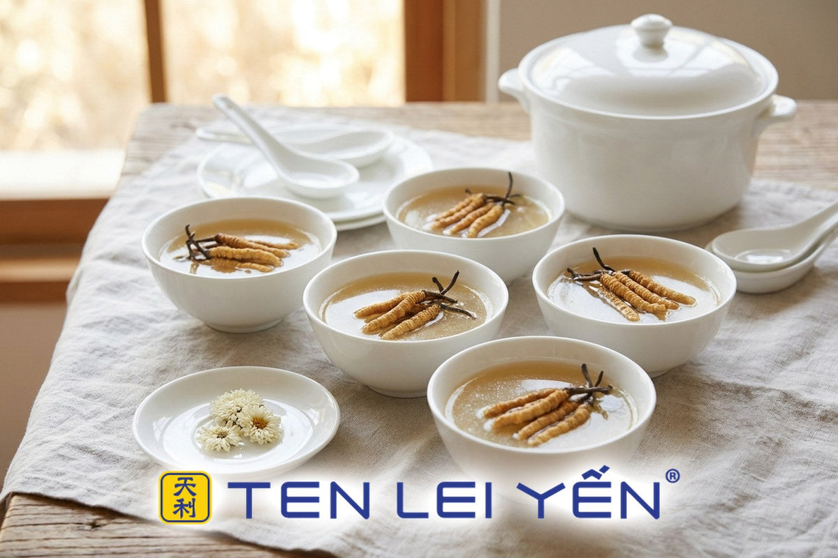 Several bowls of wild cordyceps and chicken broth set out for a multi-generation Double Ninth family gathering
