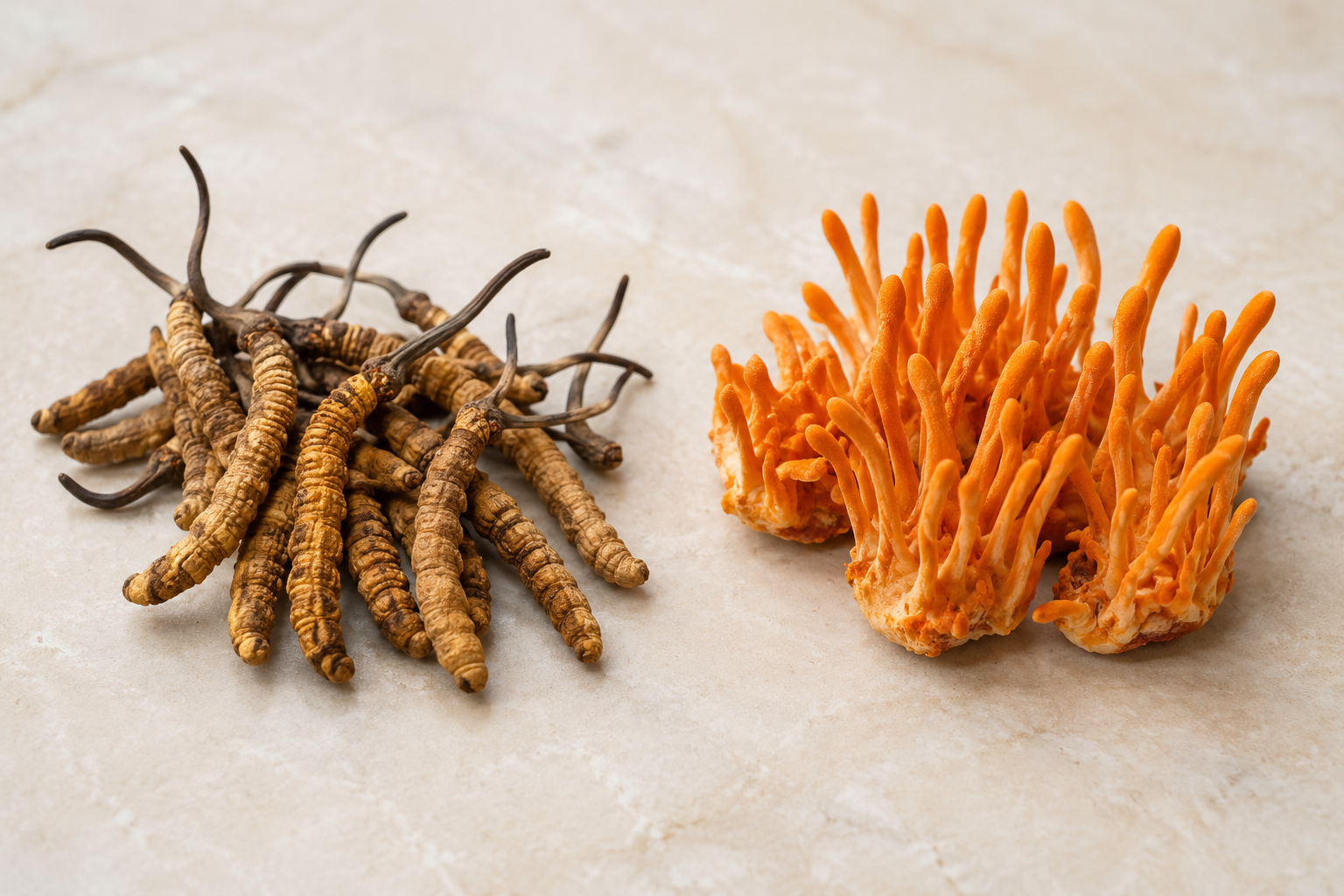 Wild caterpillar-fungus Cordyceps sinensis beside cultivated orange Cordyceps militaris mushrooms