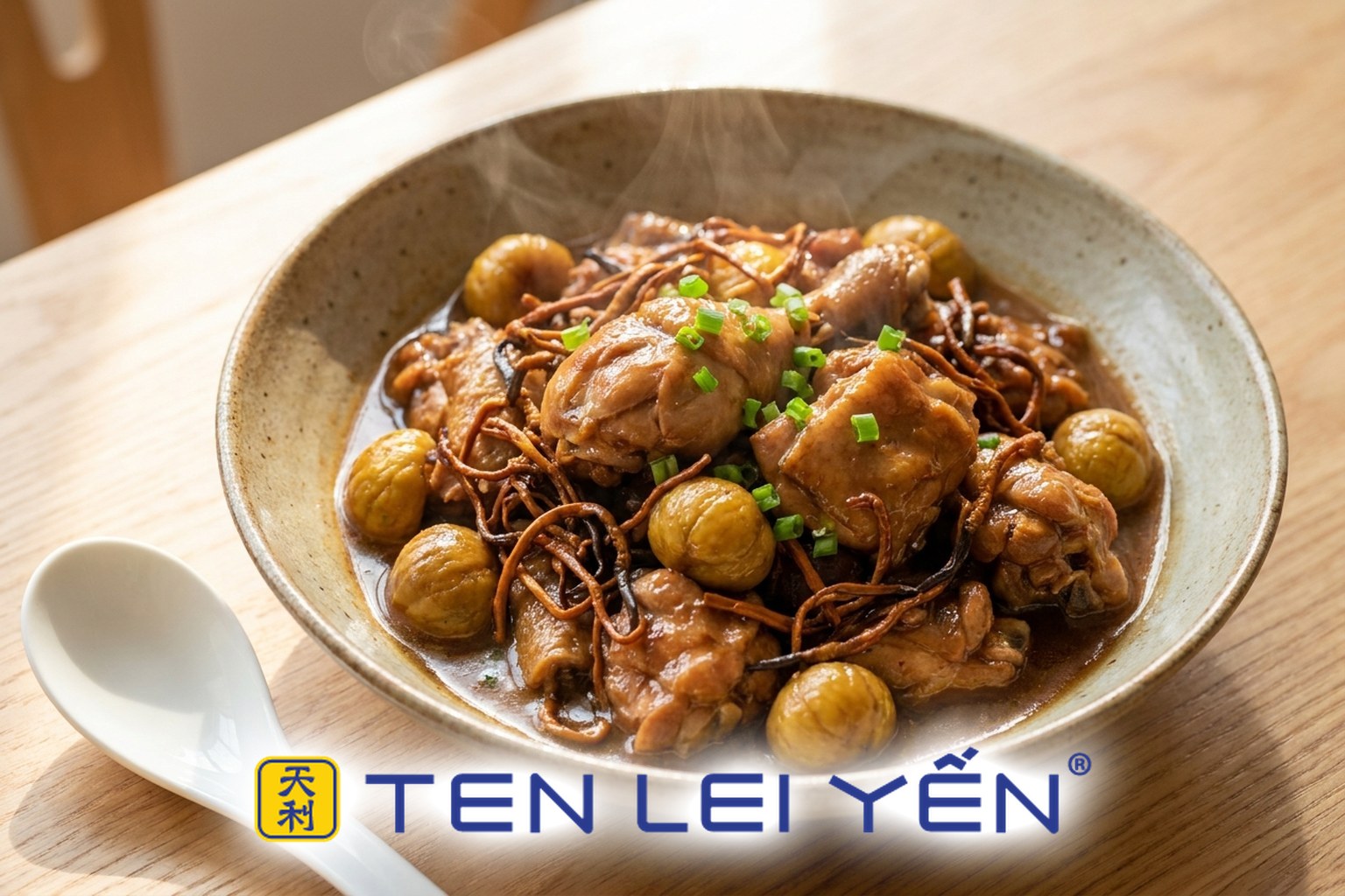 Finished chestnut and wild cordyceps braised chicken in a rich brown sauce, served in a shallow bowl