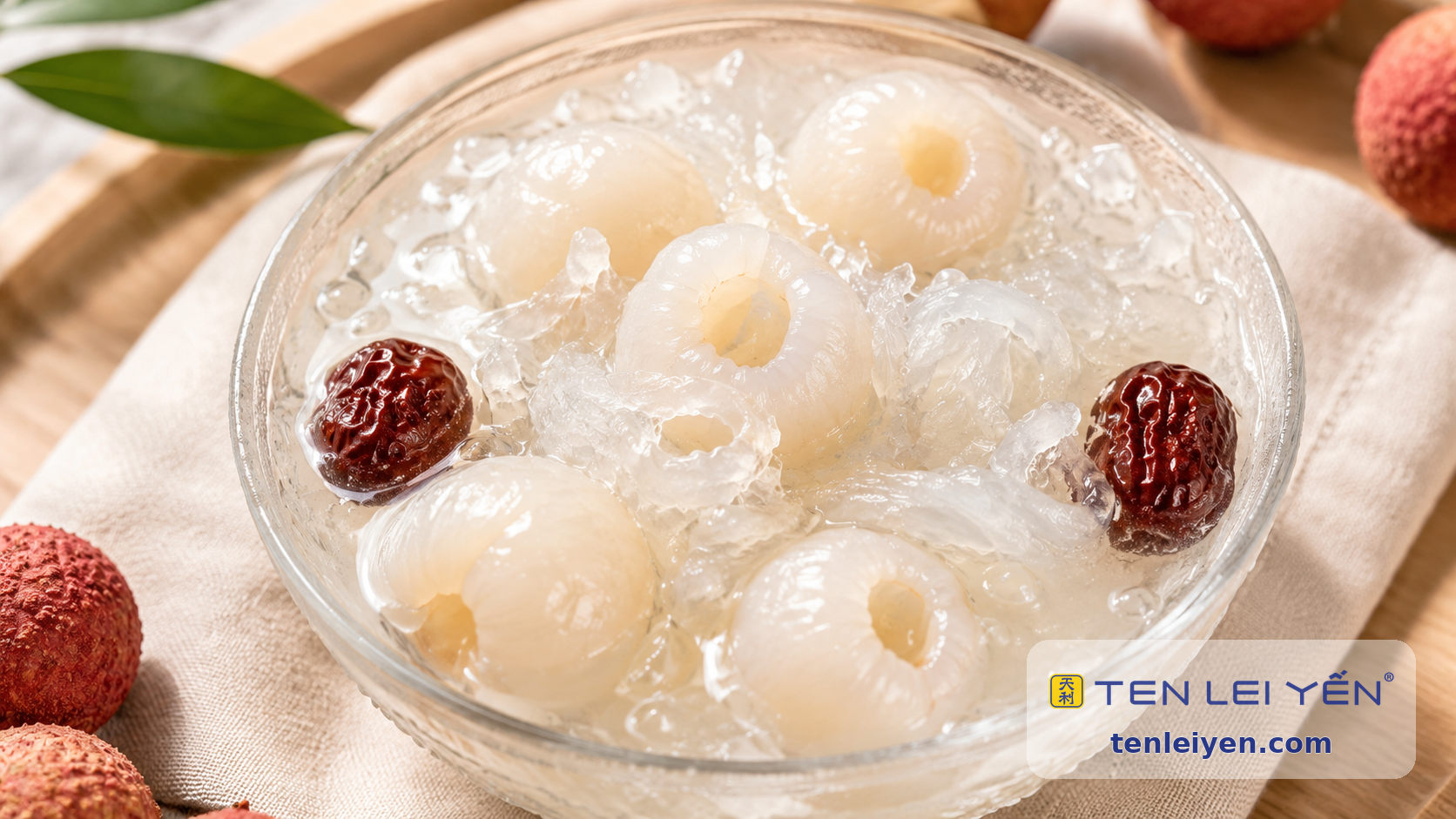 Chilled edible bird's nest dessert with fresh lychee and rock sugar