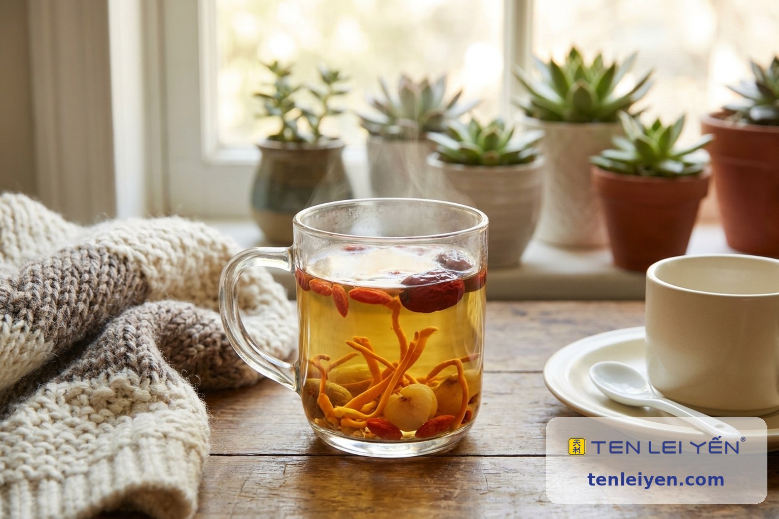 Glass mug of Cordy Mix herbal infusion with militaris stalks, red date, goji berries, and longan beside a white porcelain spoon