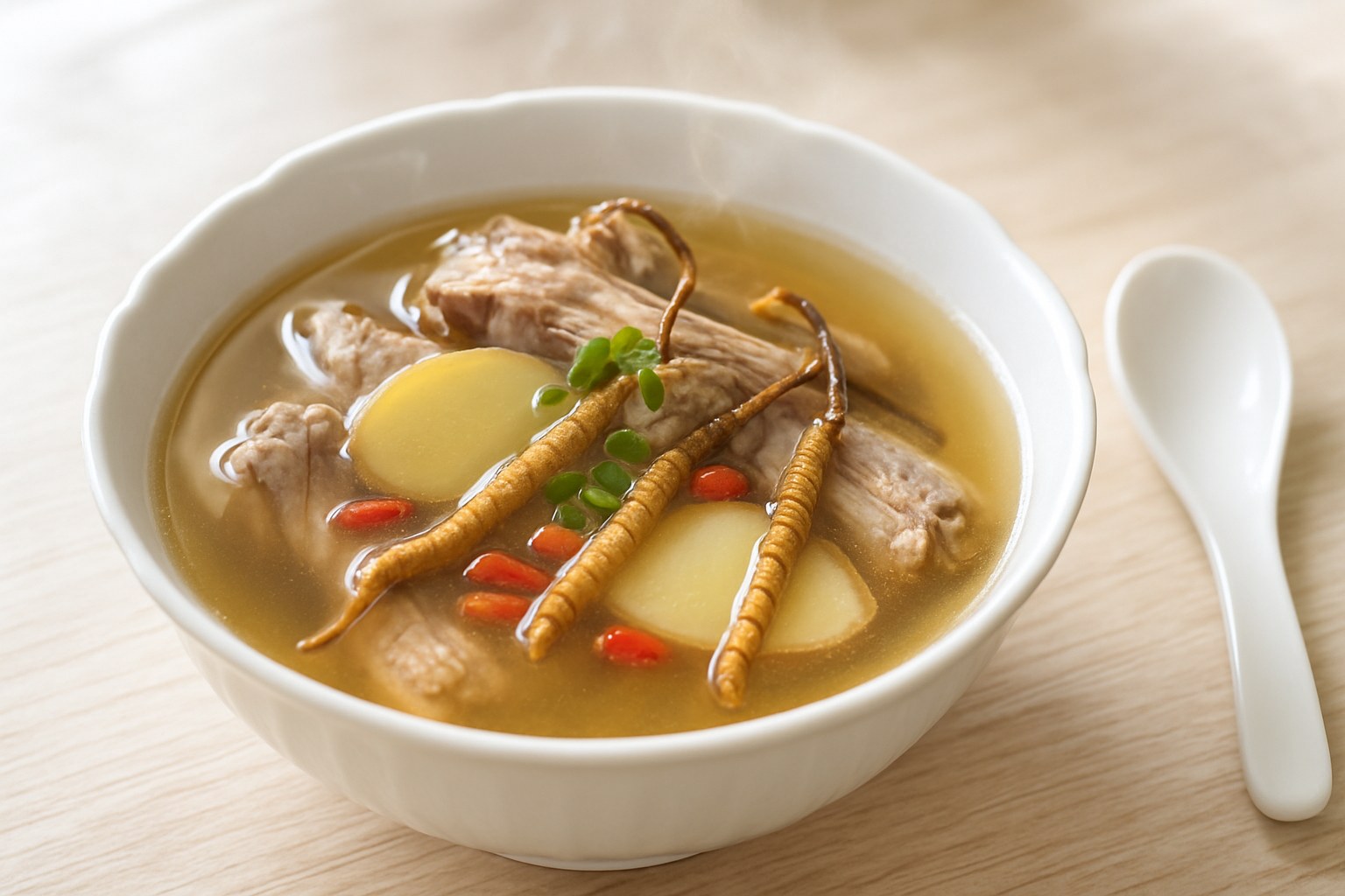 Double-boiled cordyceps duck soup with whole cordyceps, duck, ginger, and goji berries in a white bowl