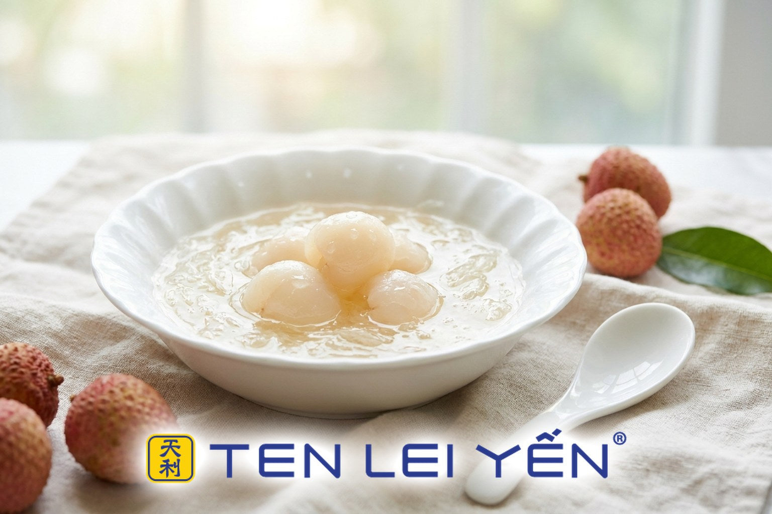 Chilled edible bird's nest with fresh lychee in a white porcelain bowl