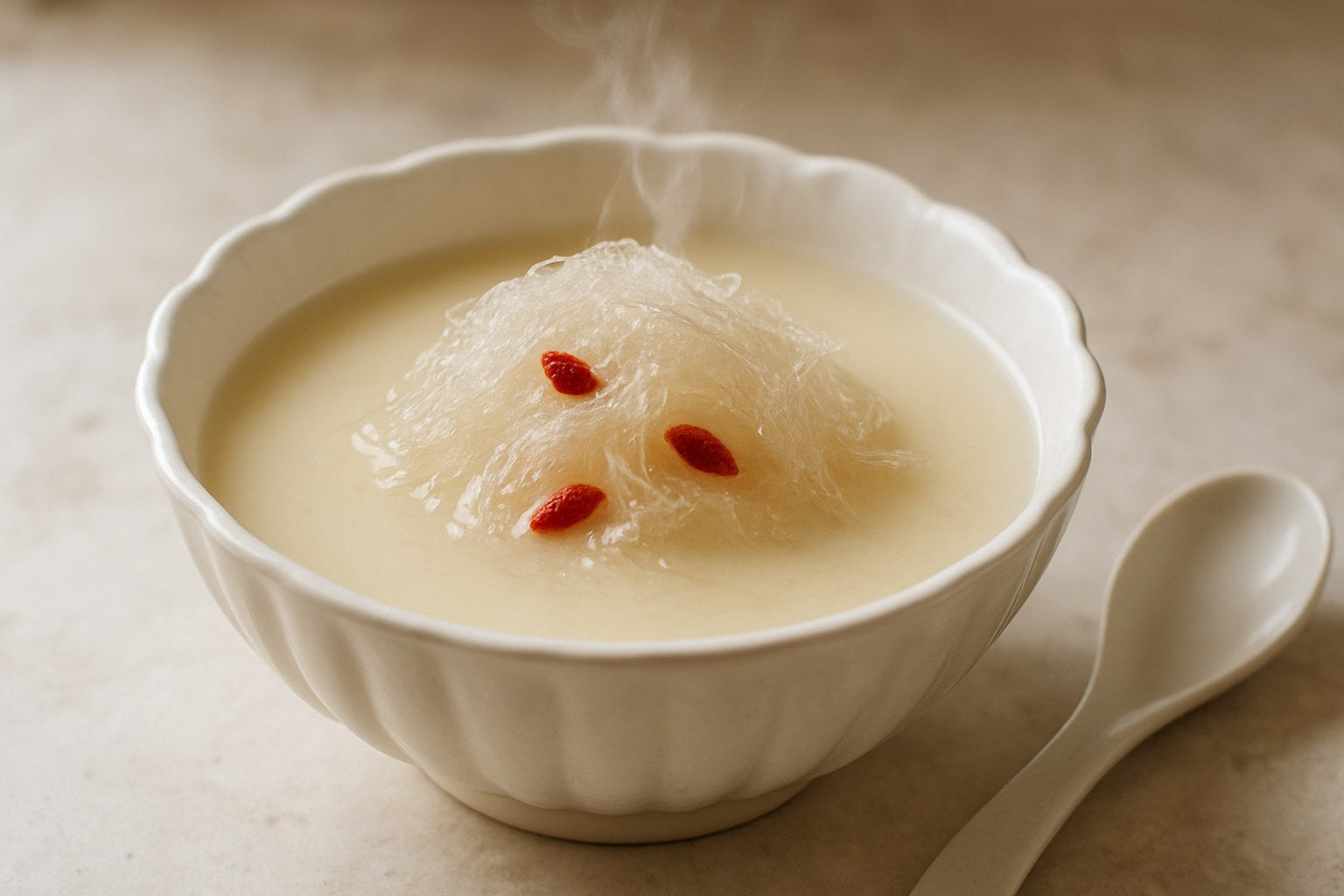 A silky bowl of prepared edible bird's nest showing fine translucent strands, illustrating its mild taste and soft texture
