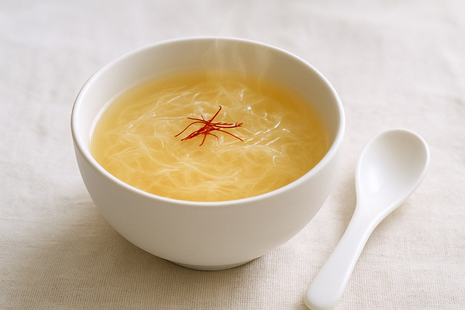 Saffron bird's nest dessert, double-boiled with rock sugar and golden saffron threads in a white porcelain bowl