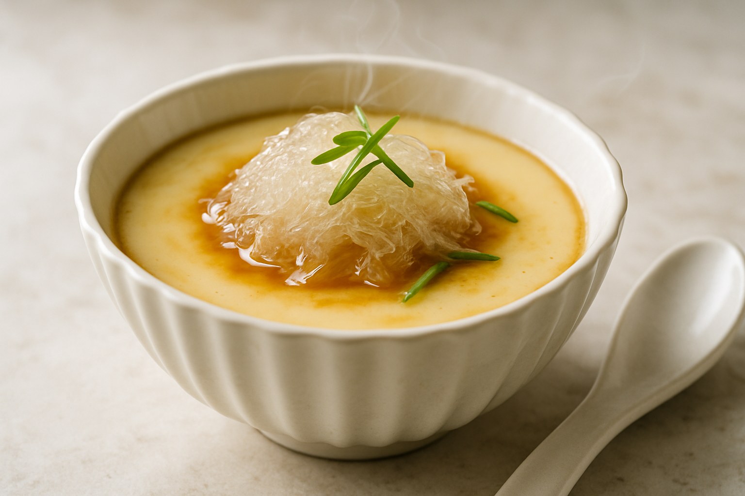Silky savory steamed egg with edible bird's nest in a fluted white porcelain bowl