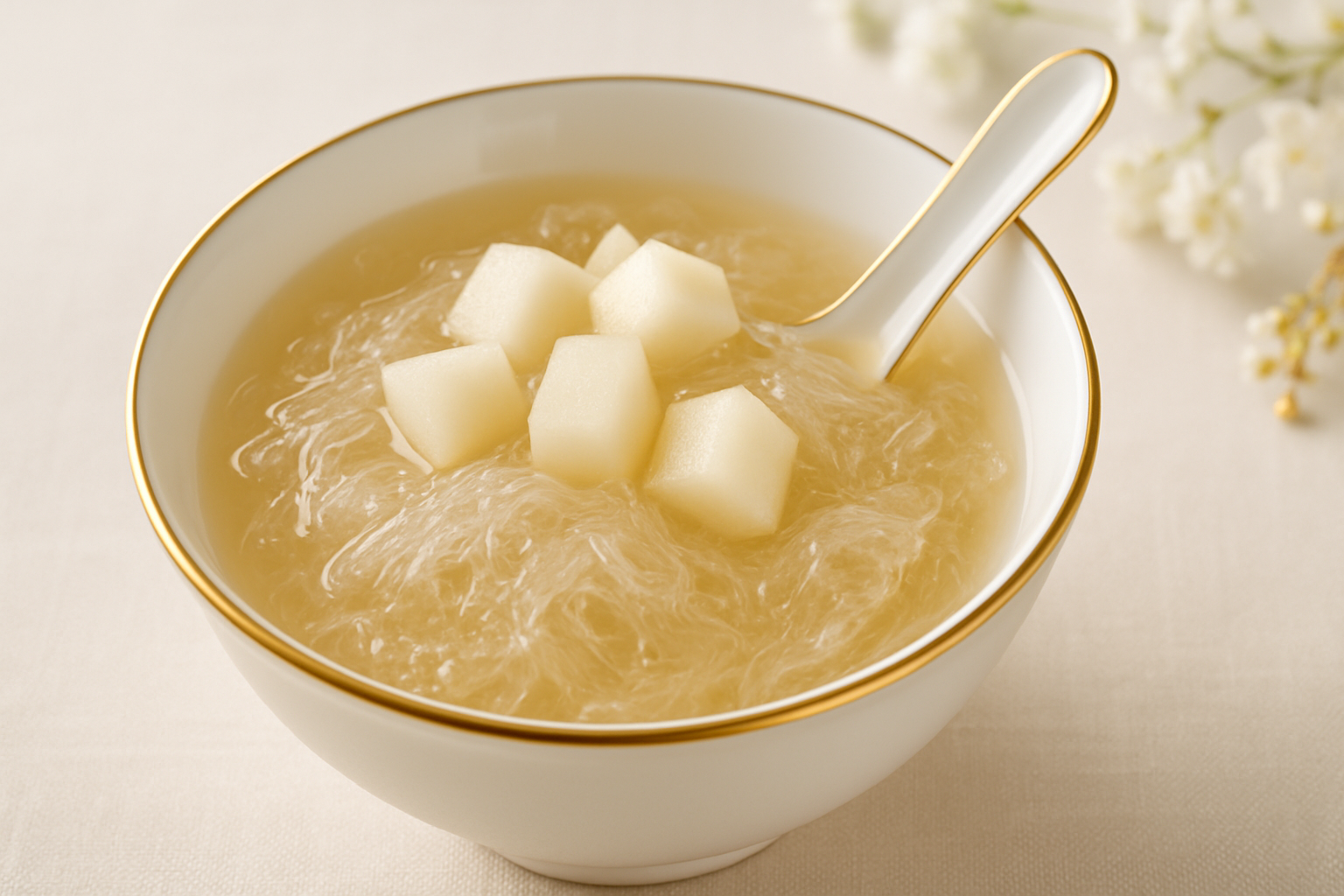 Chilled edible bird's nest dessert with fresh Asian pear in a gold-rimmed porcelain bowl