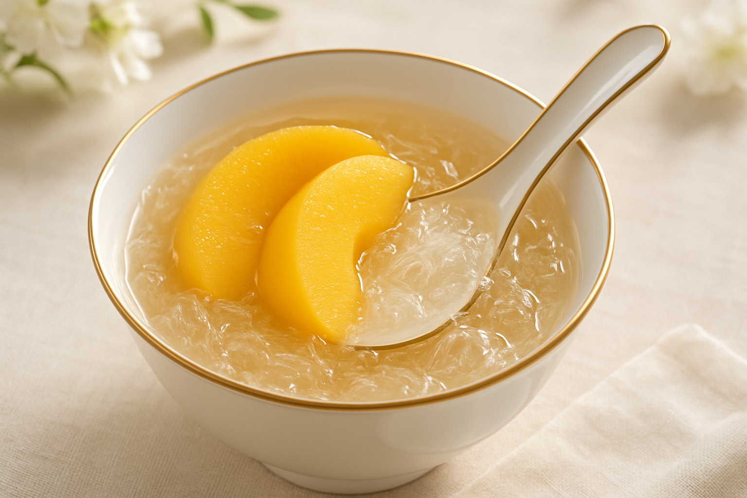 Chilled edible bird's nest dessert with fresh peach in a gold-rimmed porcelain bowl