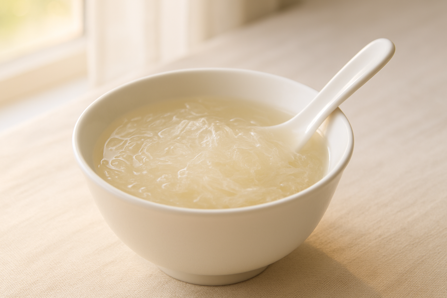 Bowl of prepared edible bird's nest in morning light