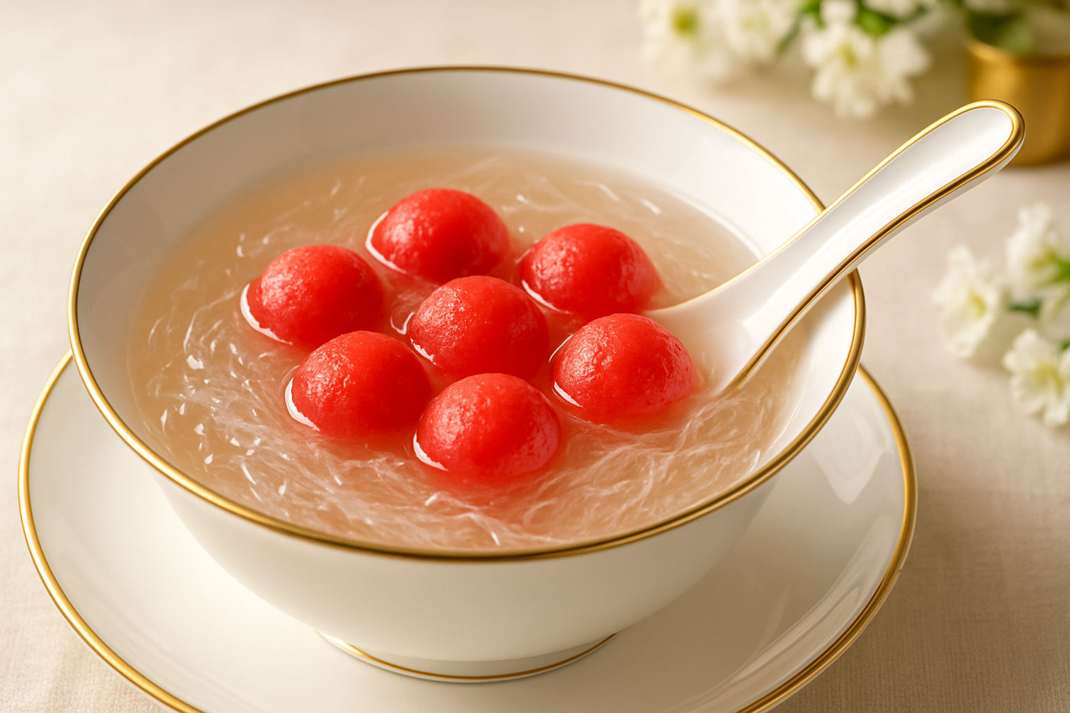 Chilled edible bird's nest dessert with fresh watermelon in a gold-rimmed porcelain bowl