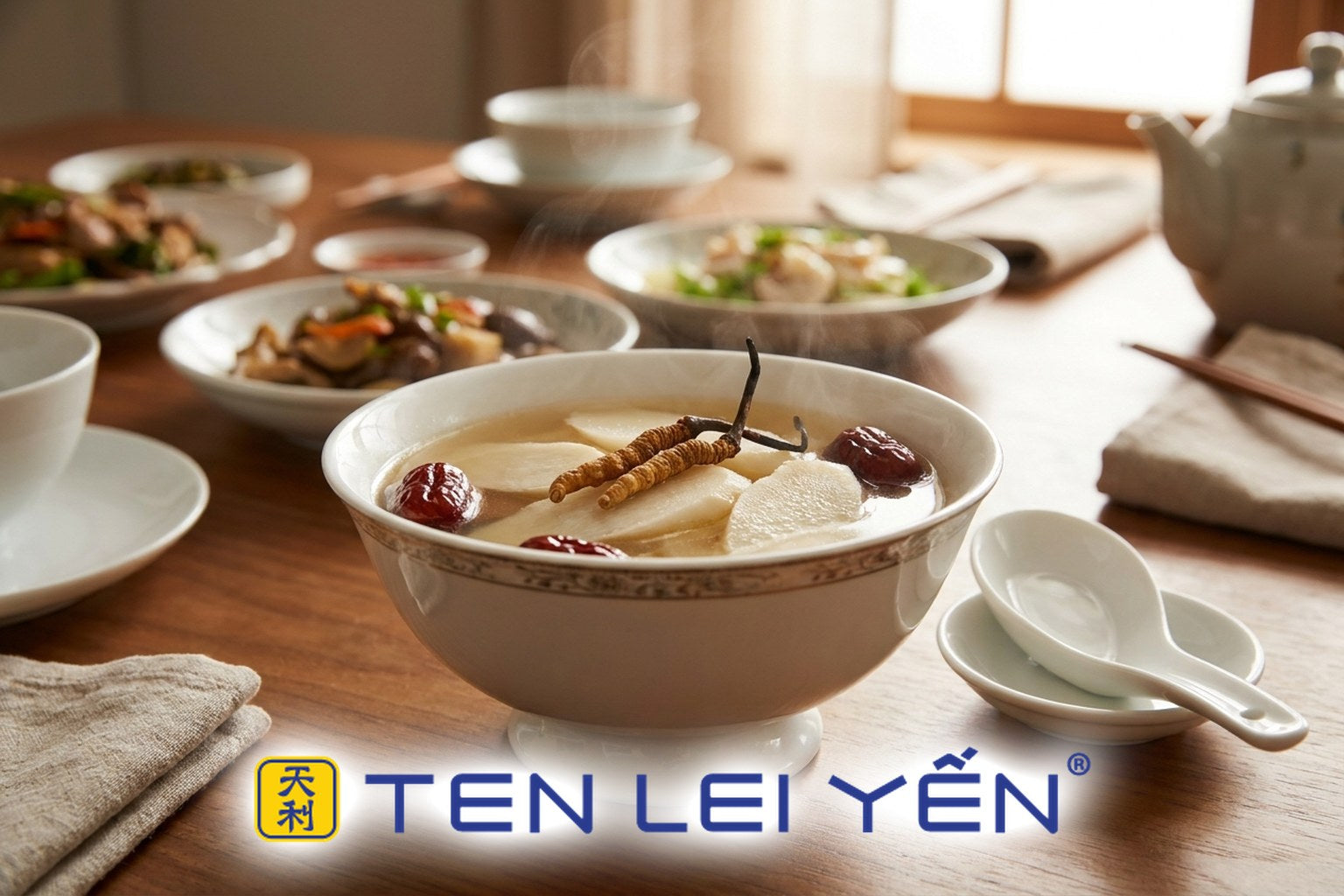 Double-boiled wild cordyceps soup with Chinese yam and red dates in a white bowl