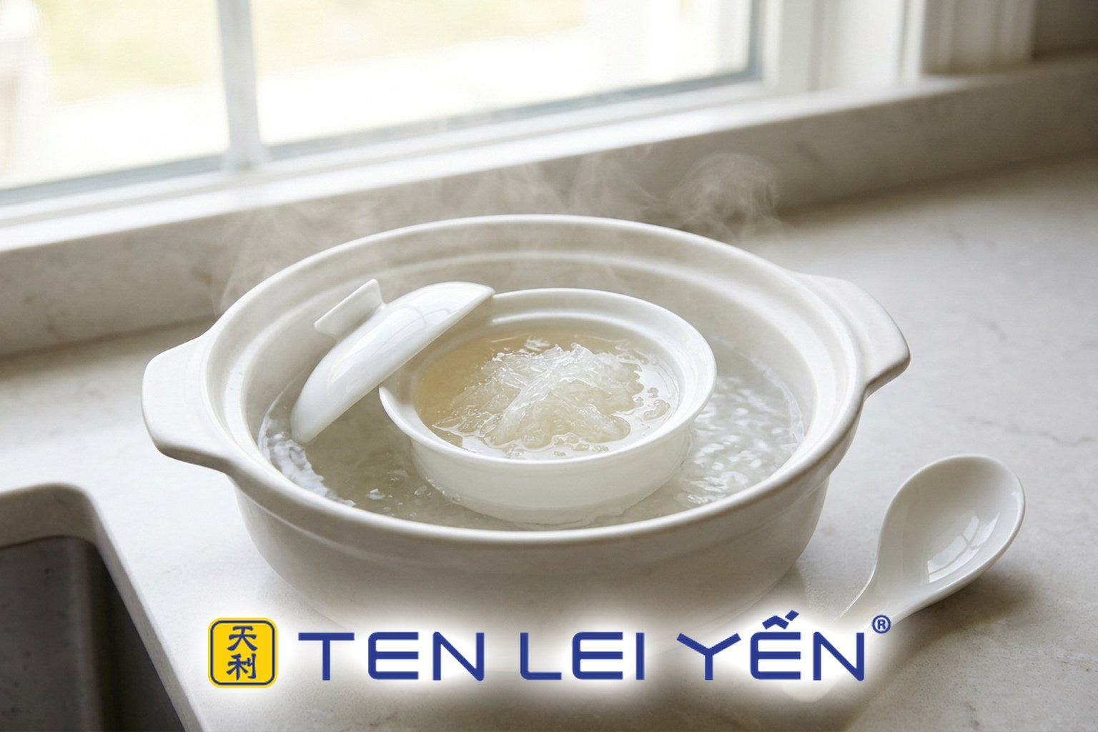 White porcelain lidded bowl of bird's nest double-boiled inside a pot of simmering water