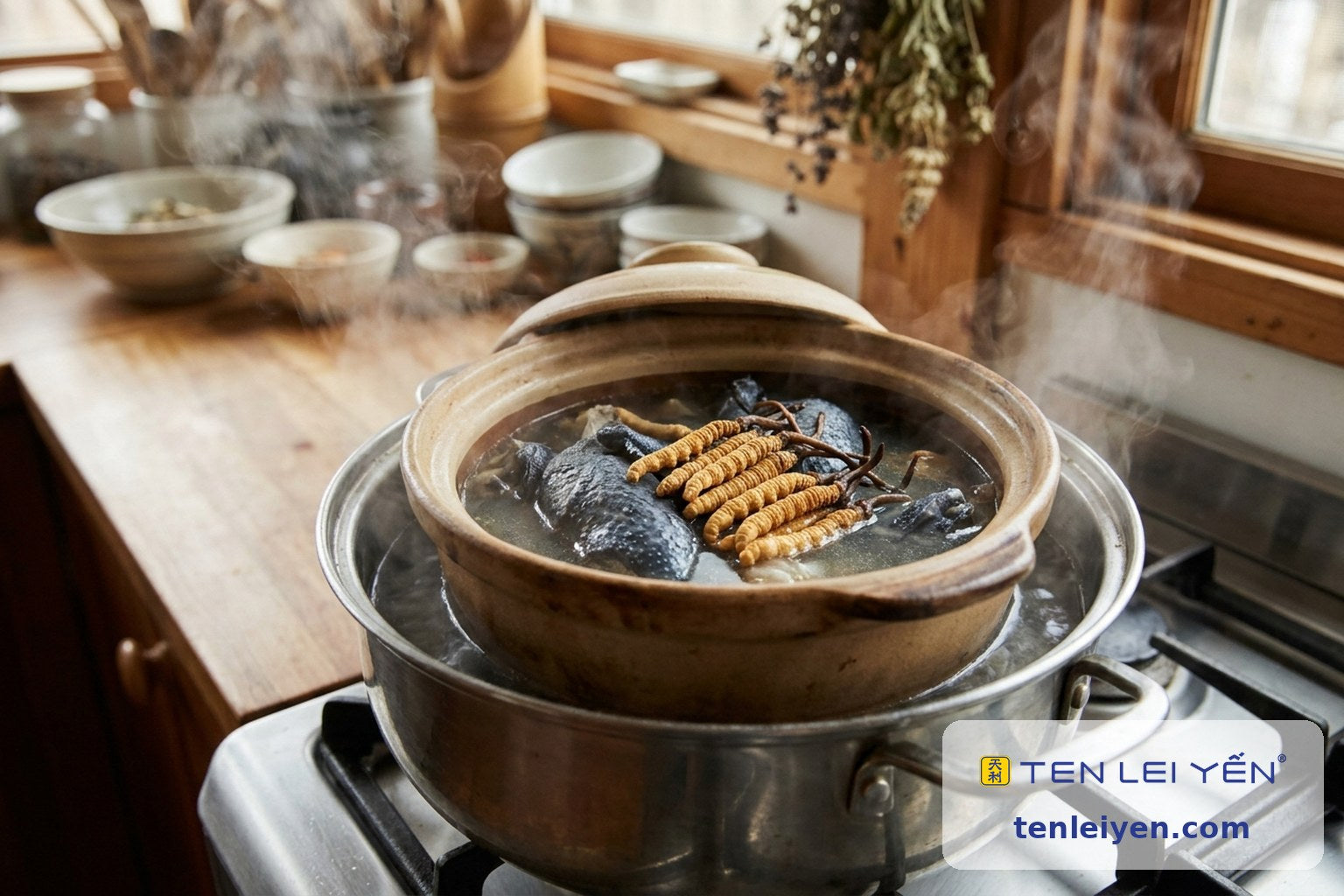 A ceramic double-boil pot with lid ajar revealing silkie chicken and whole wild cordyceps sinensis in clear broth