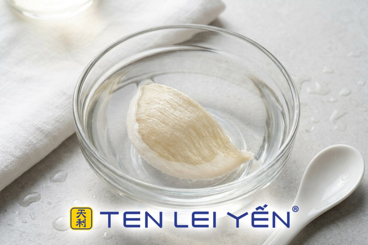 Dried bird's nest soaking in a glass bowl of cool water
