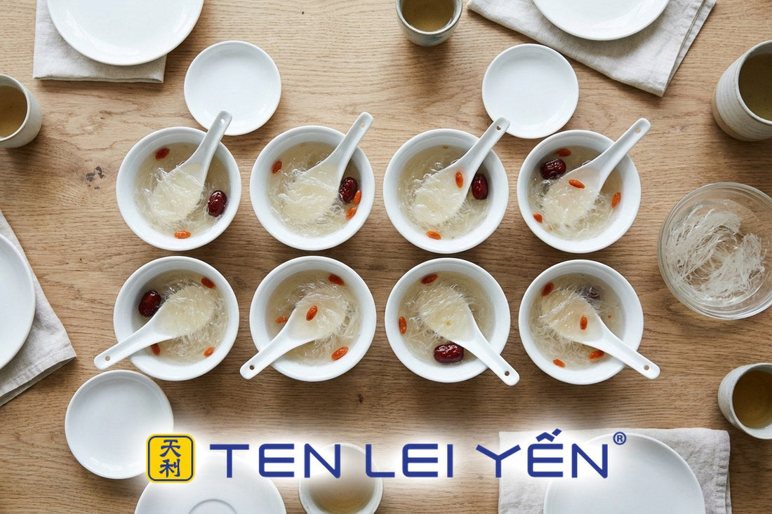 Eight bowls of double-boiled bird's nest set for a family gathering