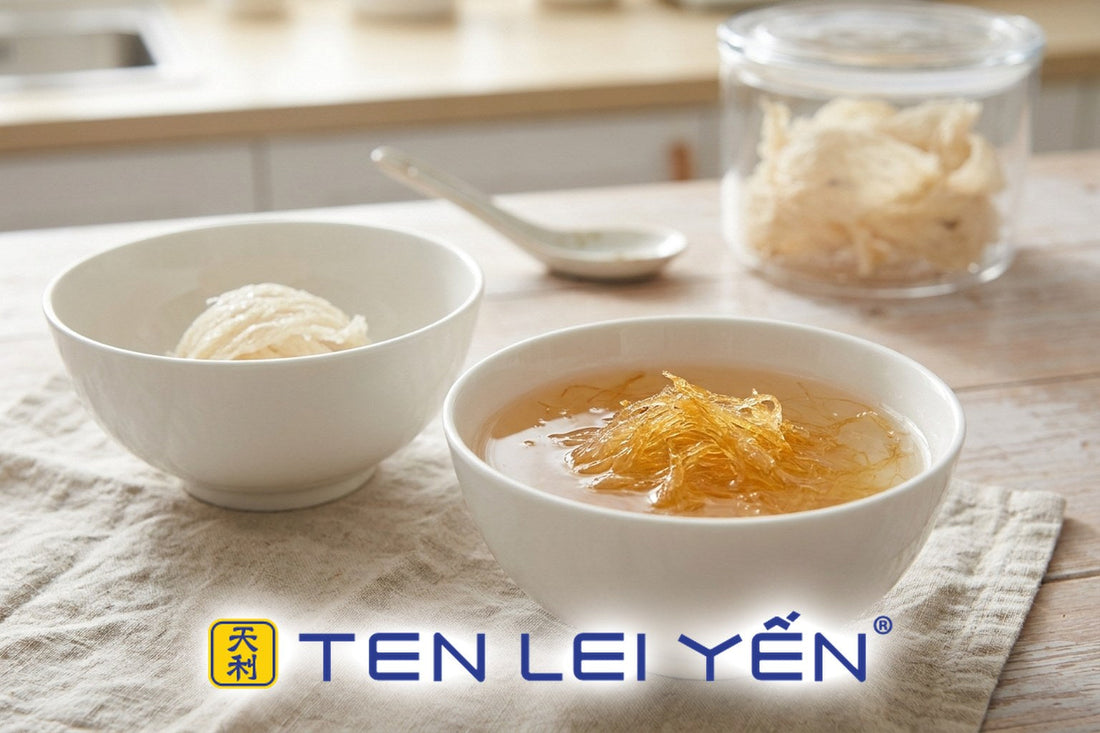 Golden and white cooked bird's nest side by side in white porcelain bowls