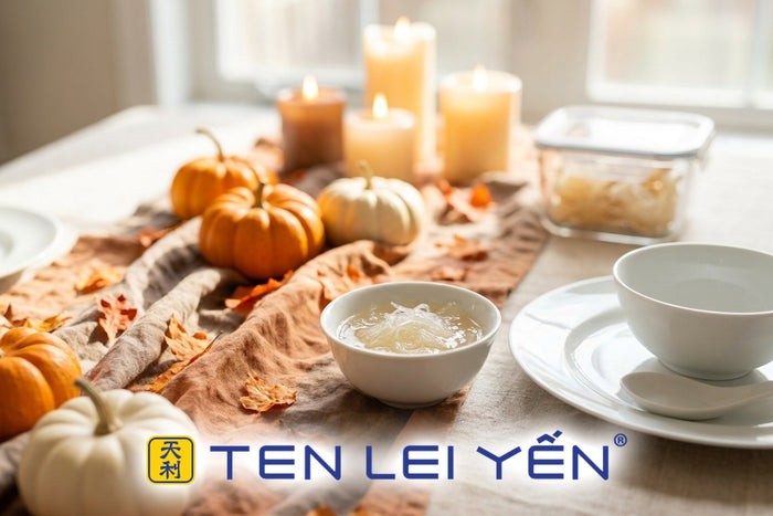 A warm bowl of bird's nest on an autumn Thanksgiving table setting