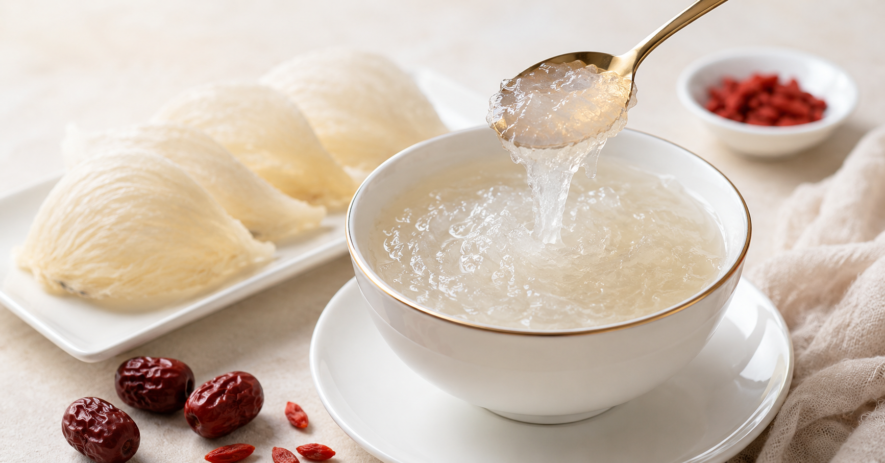 A bowl of silky prepared edible bird's nest, the result of gentle cooking