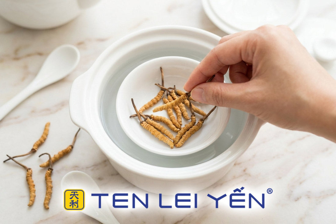 Dry wild cordyceps sinensis pieces being placed into a porcelain double-boiler bowl before cooking