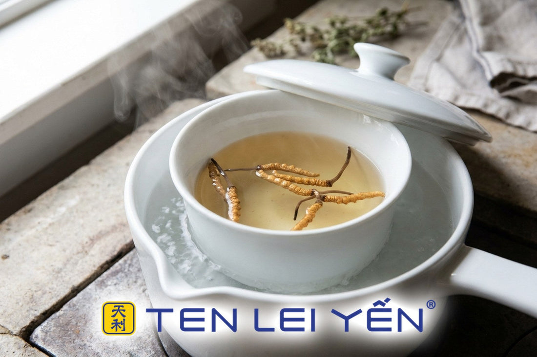 Wild cordyceps double-boiling in a covered white porcelain bowl