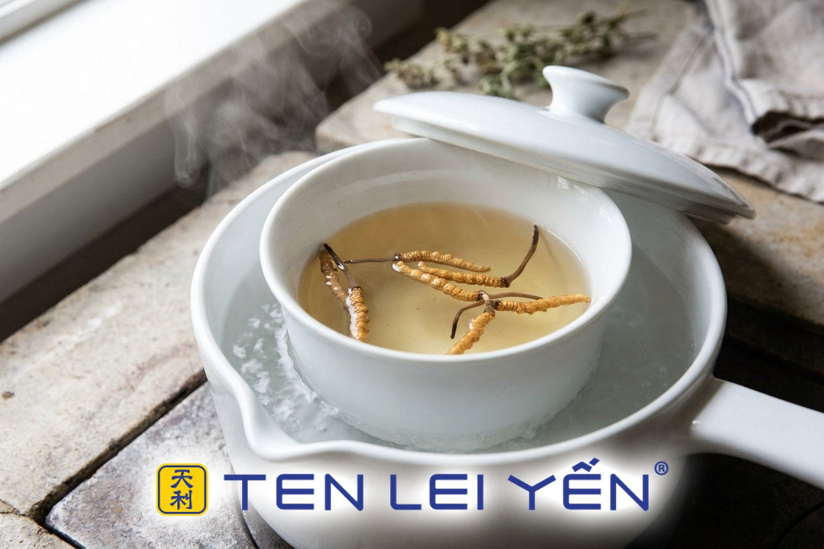 Wild cordyceps double-boiling in a covered white porcelain bowl