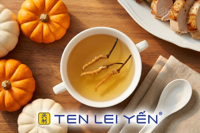 A small cup of cordyceps soup on a Thanksgiving table