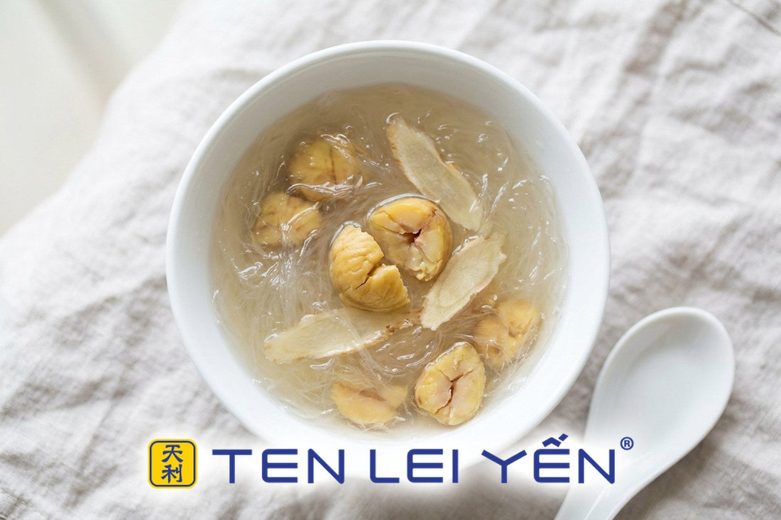 Roasted chestnut and bird's nest double-boiled with ginseng, overhead in a white porcelain bowl