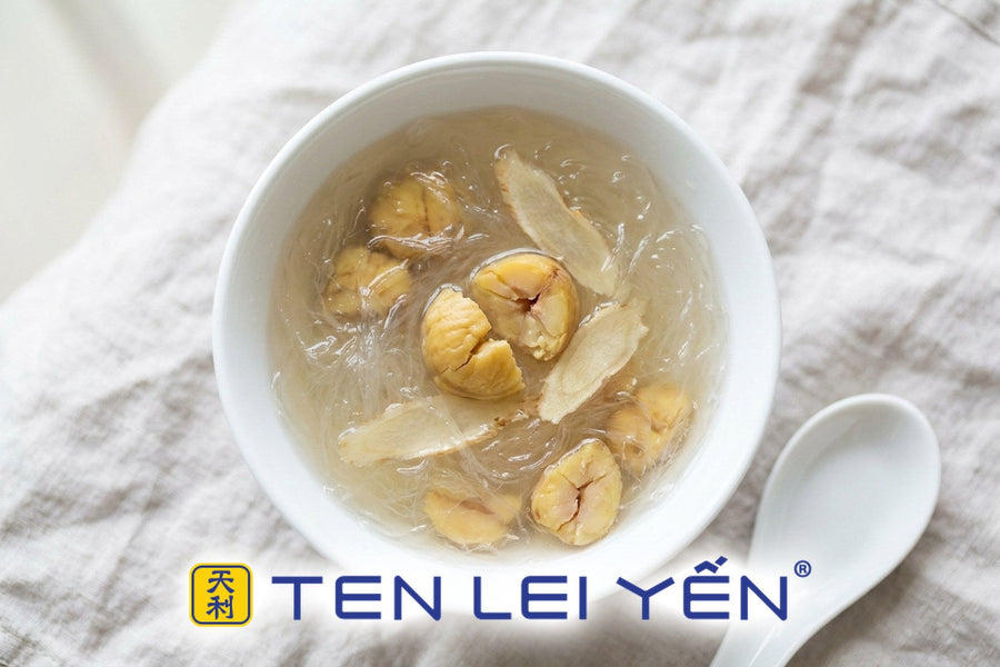 Roasted chestnut and bird's nest double-boiled with ginseng, overhead in a white porcelain bowl