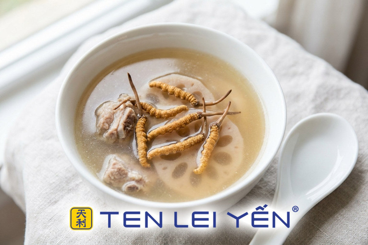 Wild cordyceps and lotus root soup double-boiled in the Ten Lei Yen EZ Steamer, overhead in a white porcelain bowl
