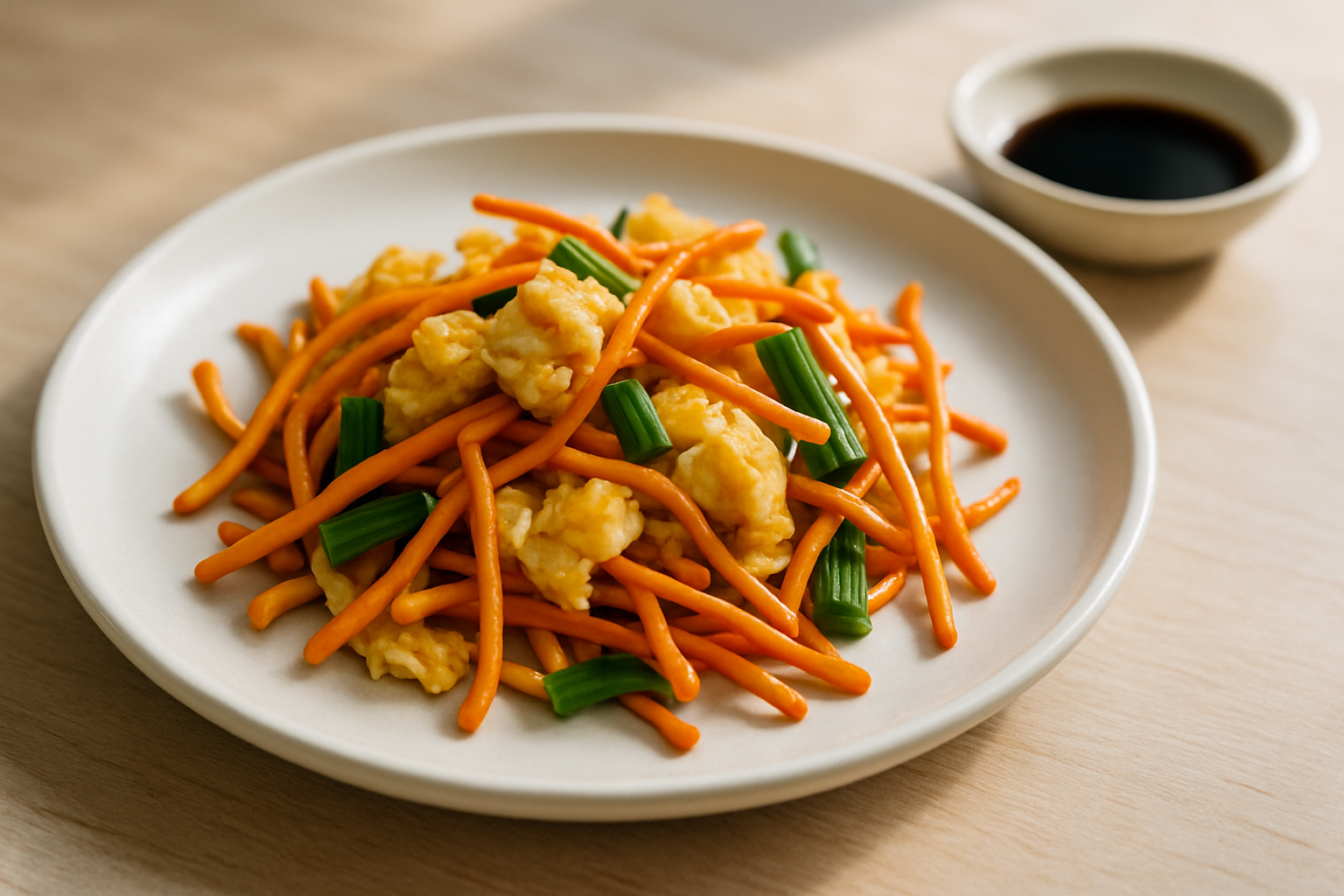 Stir-fried cordyceps militaris with scrambled egg and scallion on a white ceramic plate