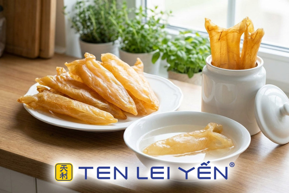 Dried fish maw tubes on a plate and standing in a jar, with one piece soaking in a bowl of water on a kitchen counter
