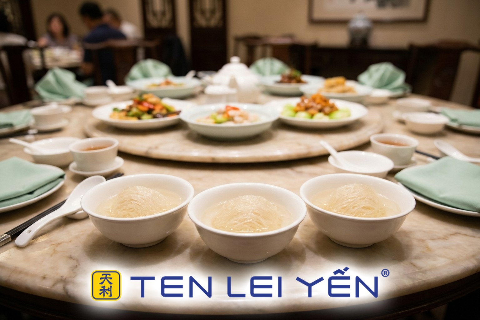 Individual bowls of double-boiled bird's nest served as a course at a traditional Chinese banquet table