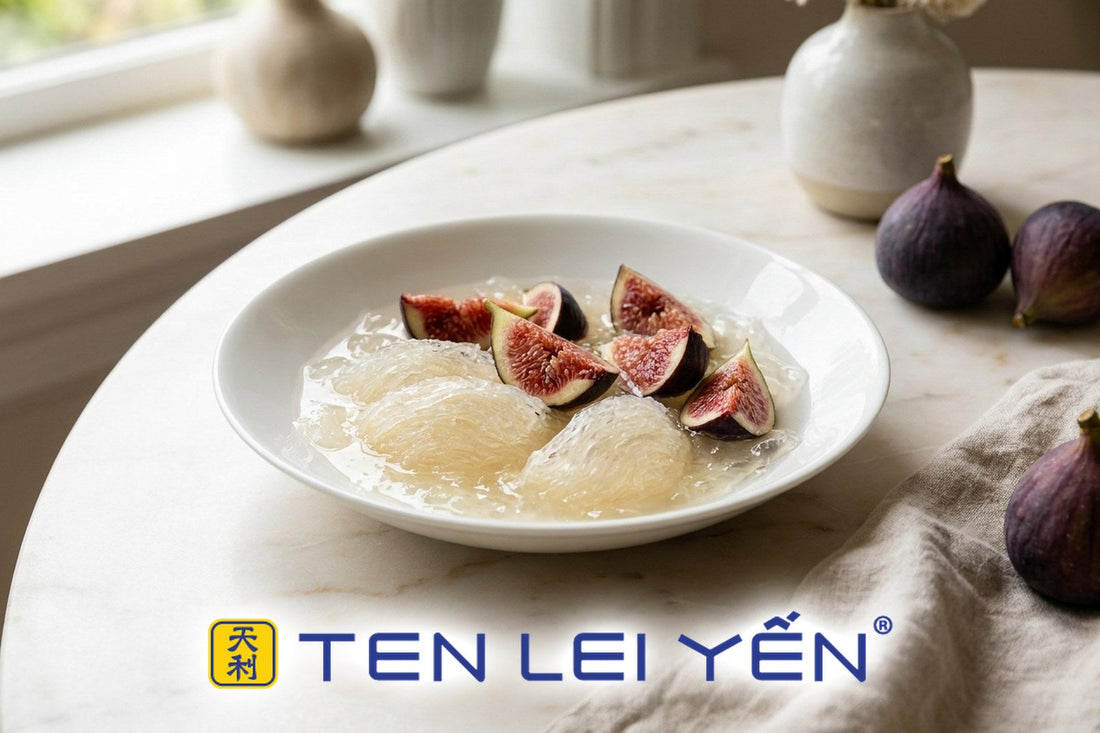 Chilled bird's nest dessert with fresh halved figs in a white porcelain bowl