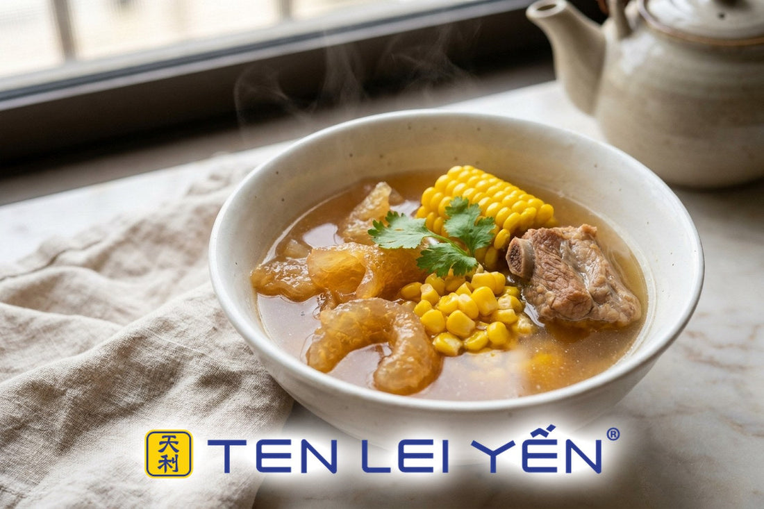 Bowl of fish maw, sweet corn, and pork rib soup