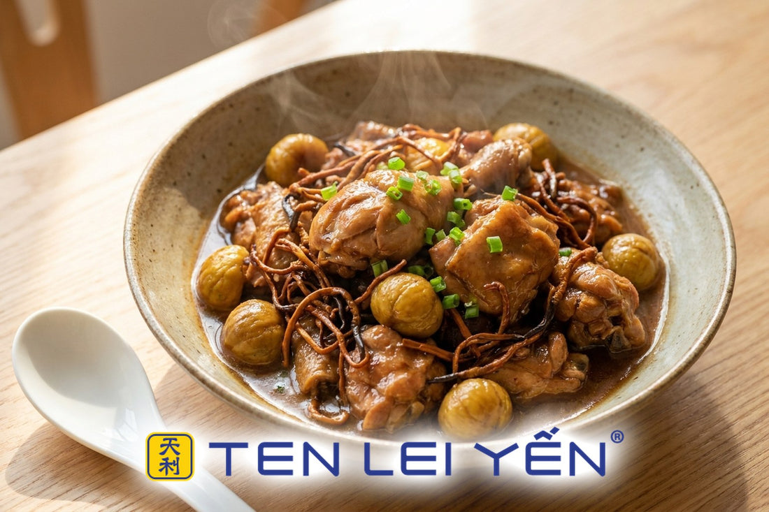 Finished chestnut and wild cordyceps braised chicken in a rich brown sauce, served in a shallow bowl