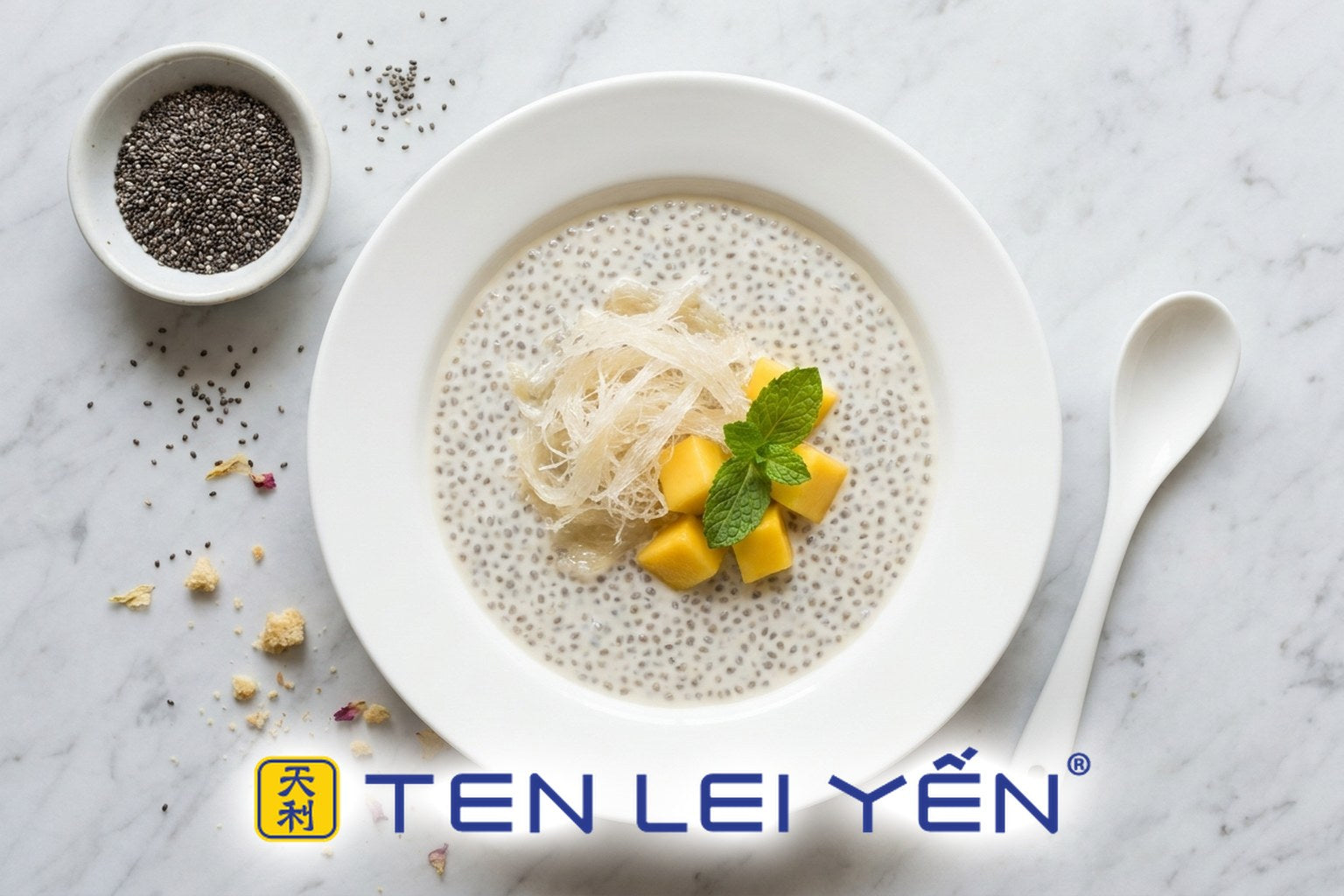 Chilled bird's nest chia pudding in a white porcelain bowl topped with translucent bird's nest strands, mango, and mint