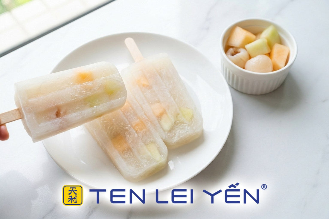 Homemade edible bird's nest ice pops with melon and lychee on a white porcelain plate