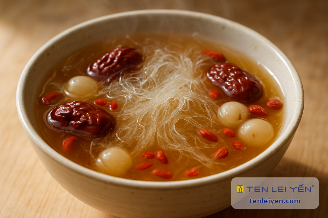 Bird's nest sweet soup with fine translucent strands, red dates, longan and goji in a bowl