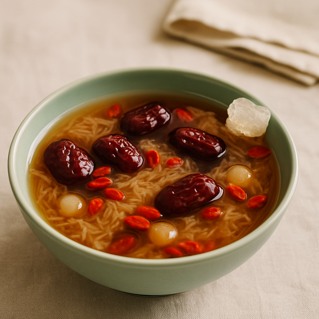 Bird's nest sweet soup with red dates, longan, and goji berries in a celadon ceramic bowl