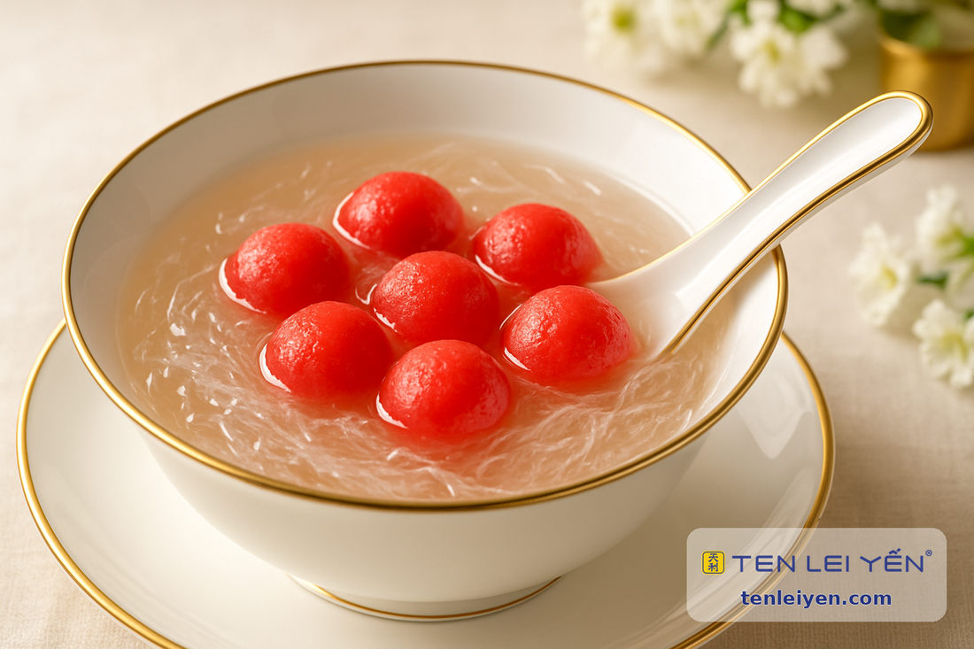 Chilled edible bird's nest dessert with fresh watermelon in a gold-rimmed porcelain bowl
