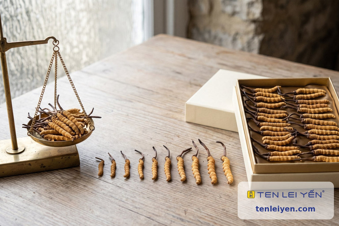 Whole wild cordyceps compared by weight on a scale, by graded piece size, and inside a gift box