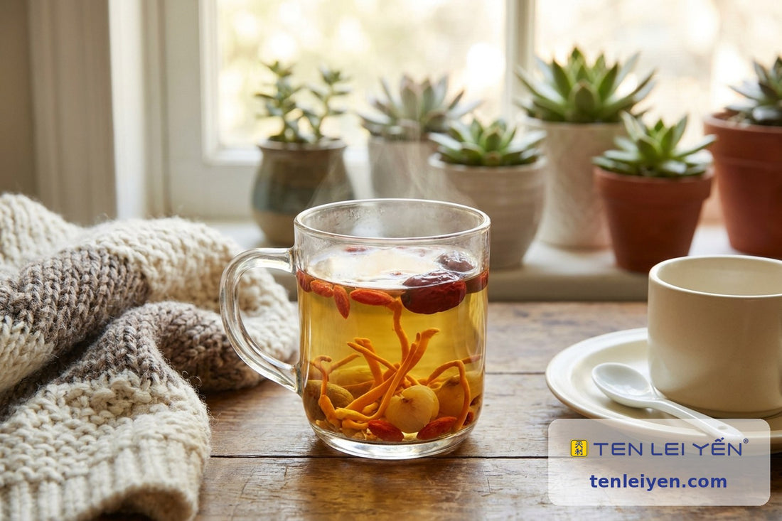 Glass mug of Cordy Mix herbal infusion with militaris stalks, red date, goji berries, and longan beside a white porcelain spoon