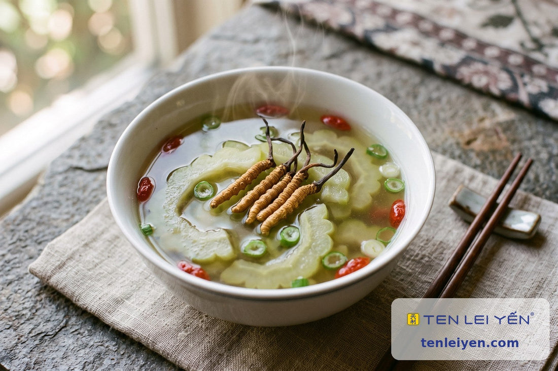Clear cordyceps and bitter melon soup with four whole wild cordyceps, goji berries, and scallion in a white bowl