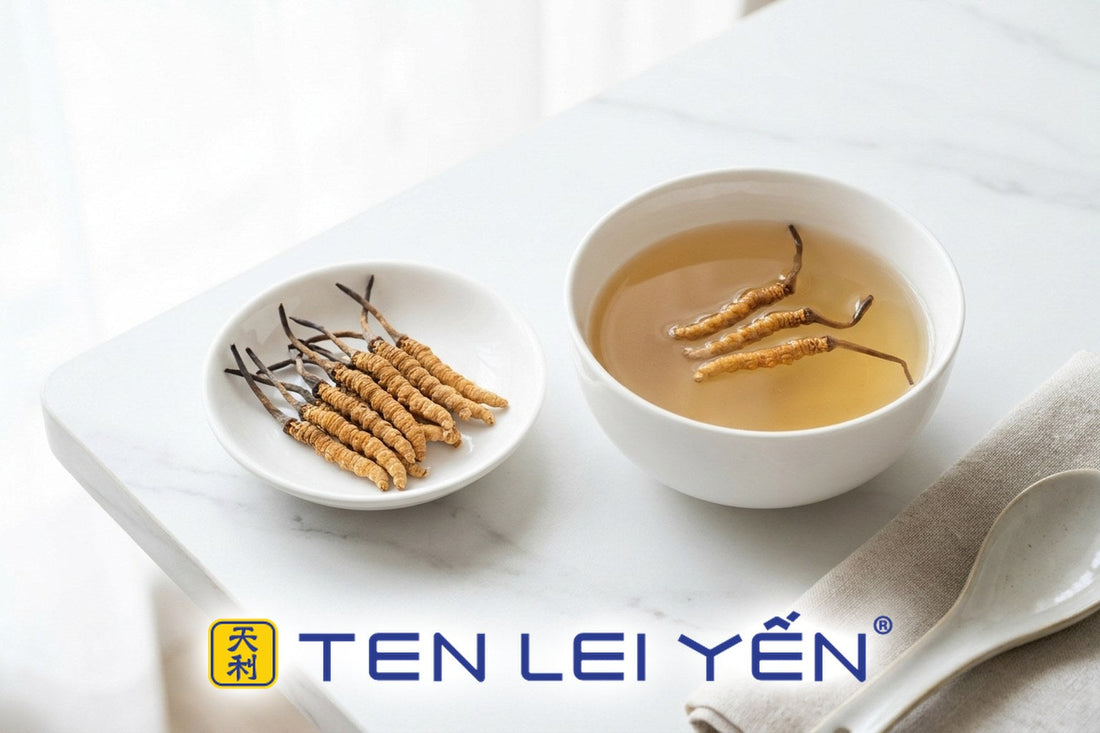 Whole wild cordyceps pieces on a white dish beside a bowl of clear double-boiled soup