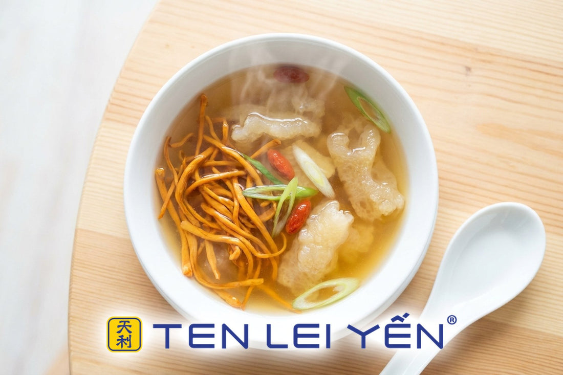 Double-boiled cordyceps flower and fish maw soup in a white porcelain bowl