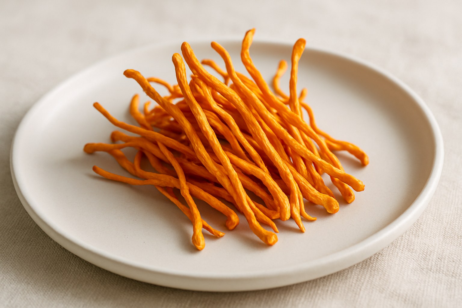 Dried Cordyceps militaris stalks showing vivid orange colour and finger-like cluster form